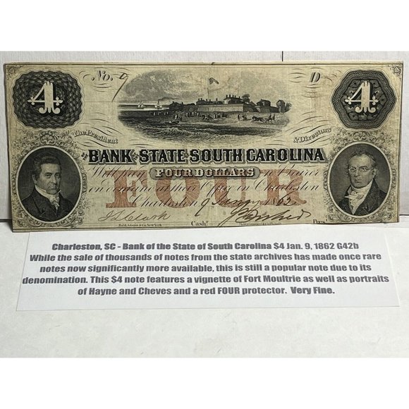 1862 Bank of State South Carolina Fort Sumter Four Dollar Note #9 Serial Number! - Picture 1 of 4